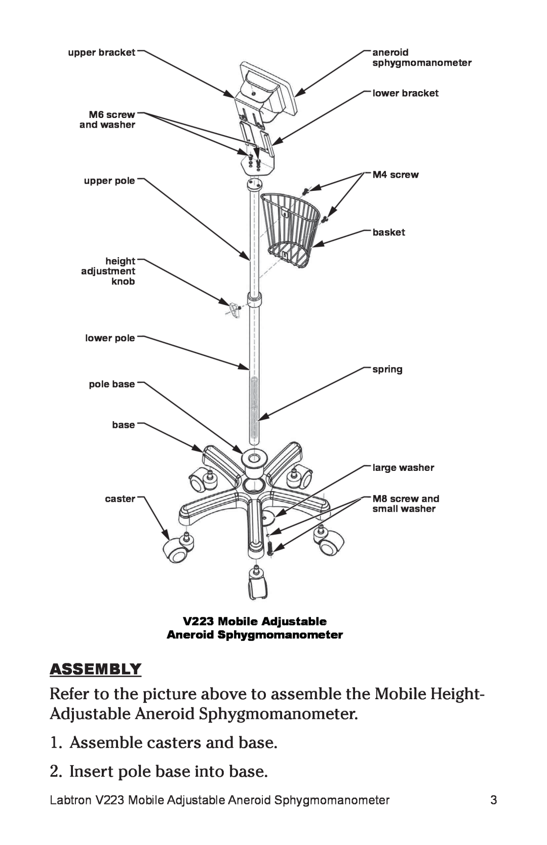 Graham Field Assembly, Labtron V223 Mobile Adjustable Aneroid Sphygmomanometer, lower pole pole base base caster 
