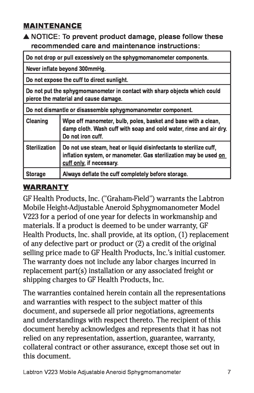 Graham Field V223 user manual Maintenance, Warranty 