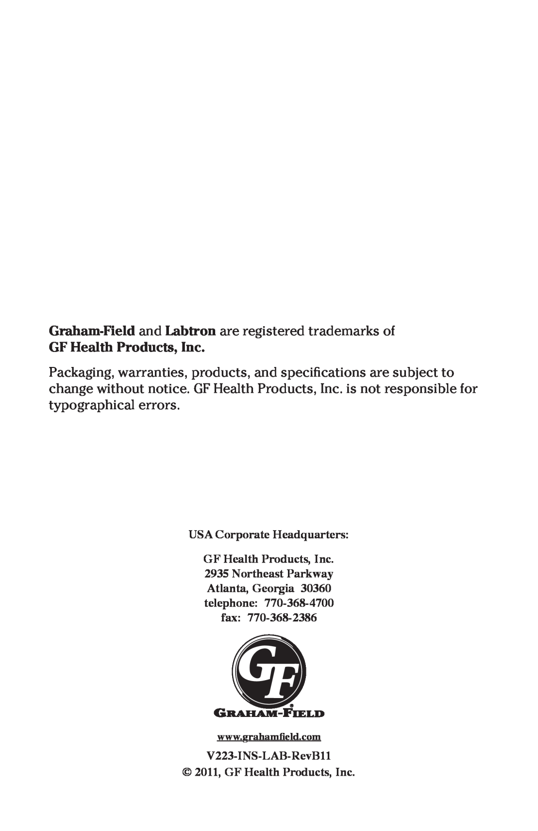 Graham Field V223 user manual GF Health Products, Inc 