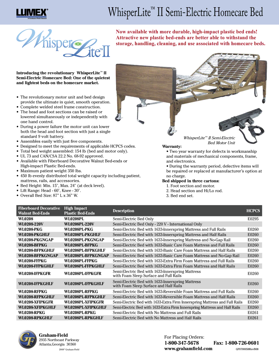 Graham Field WL0208 warranty WhisperLite II Semi-Electric Homecare Bed, Warranty, Bed shipped in three cartons 