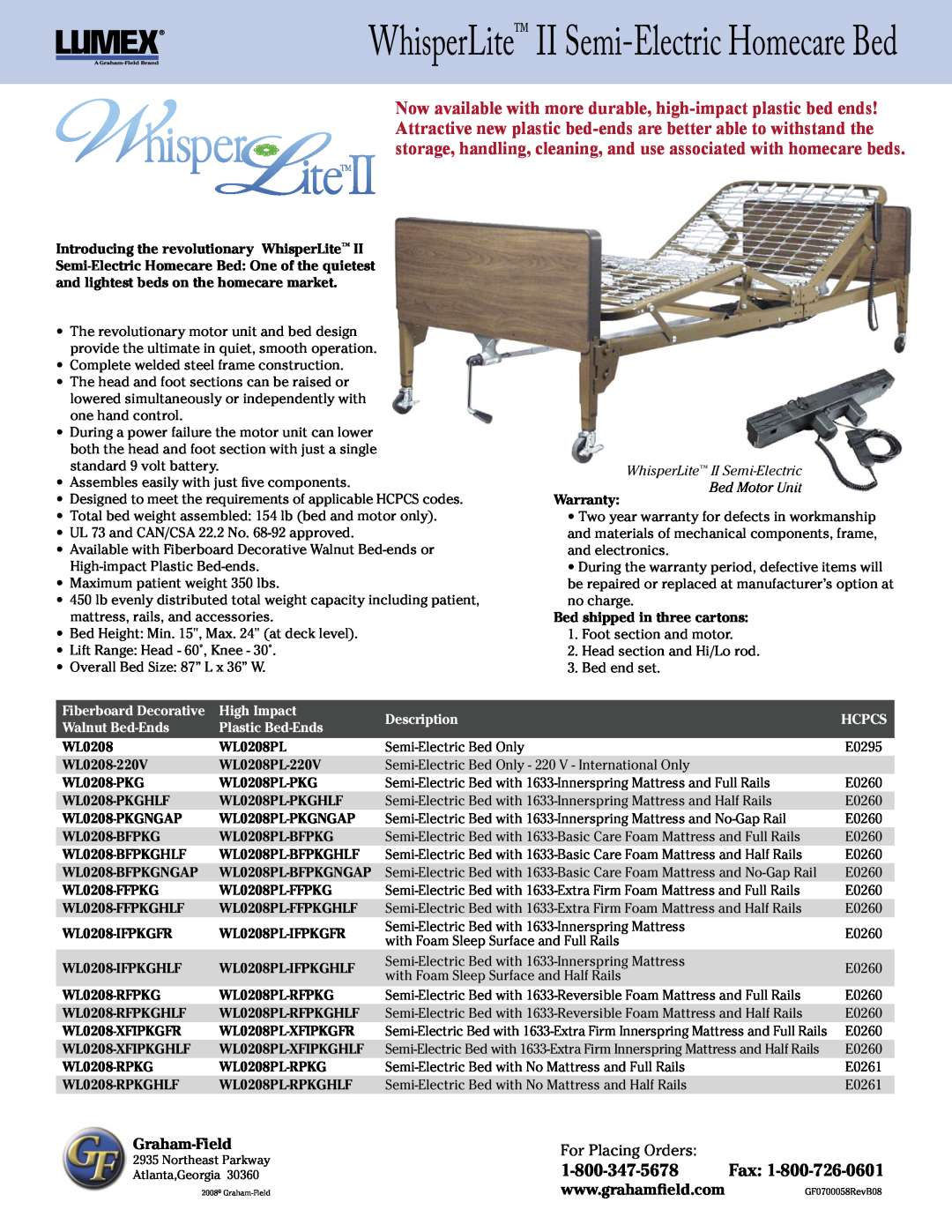 Graham Field WL0208 warranty WhisperLite II Semi-Electric Homecare Bed, Graham-Field, For Placing Orders, High Impact 