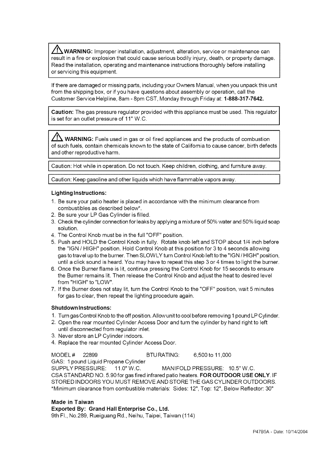 Grand Hall 22899 owner manual Lighting Instructions, Shutdown Instructions, Made in Taiwan 