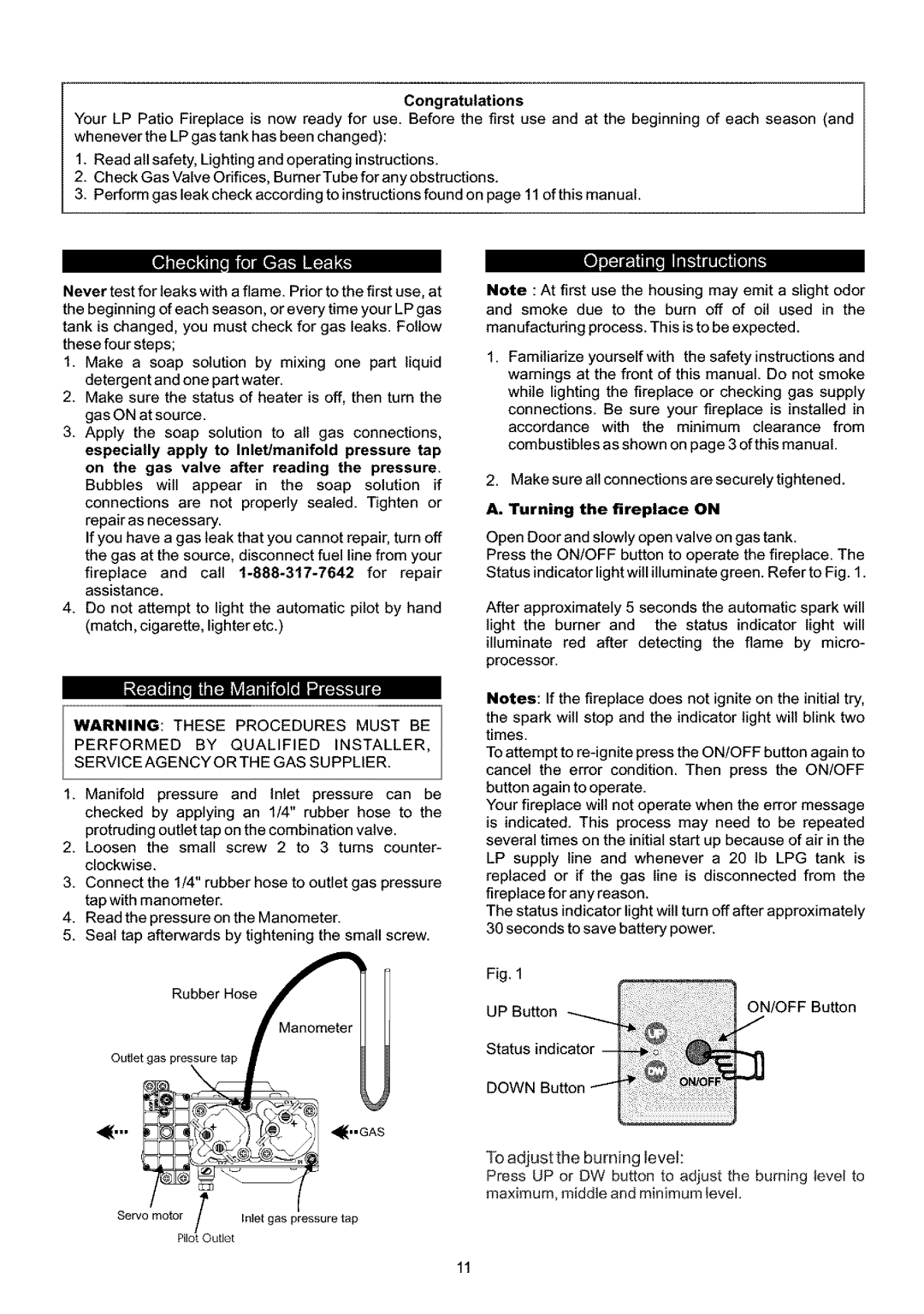 Grand Hall 89795 owner manual Performed by Qualified Installer, Turning the fireplace on 