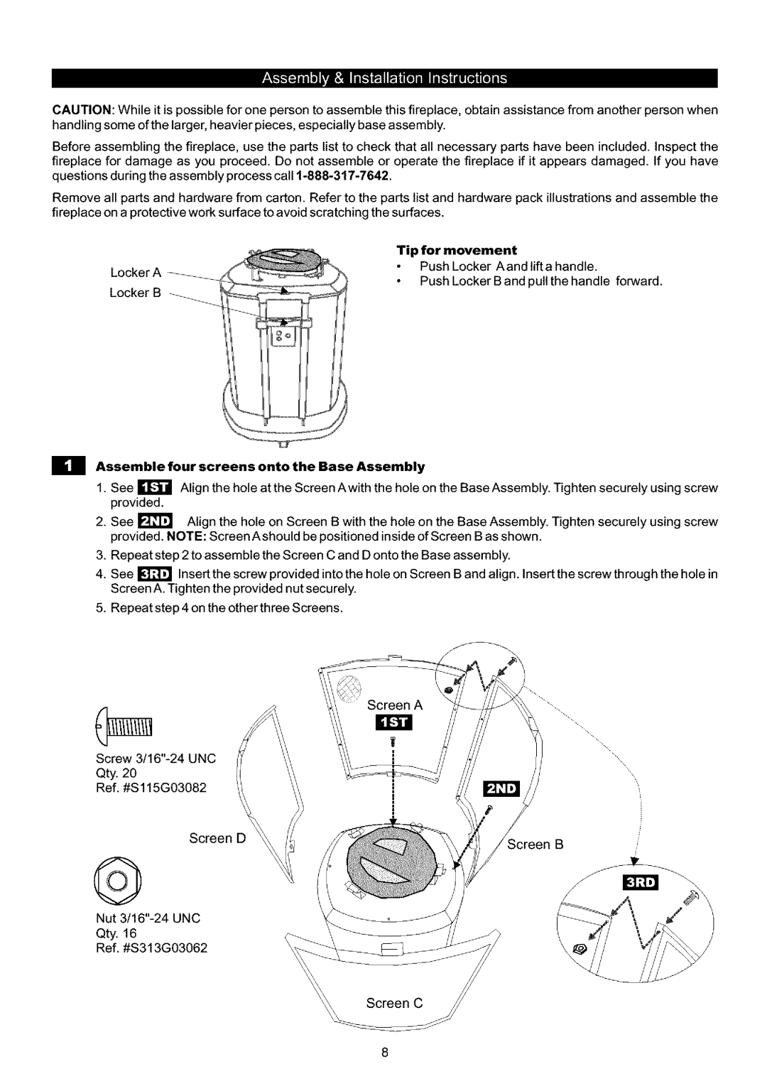 Grand Hall 89795 owner manual Tip for movement, Assemble four screens onto the Base Assembly 