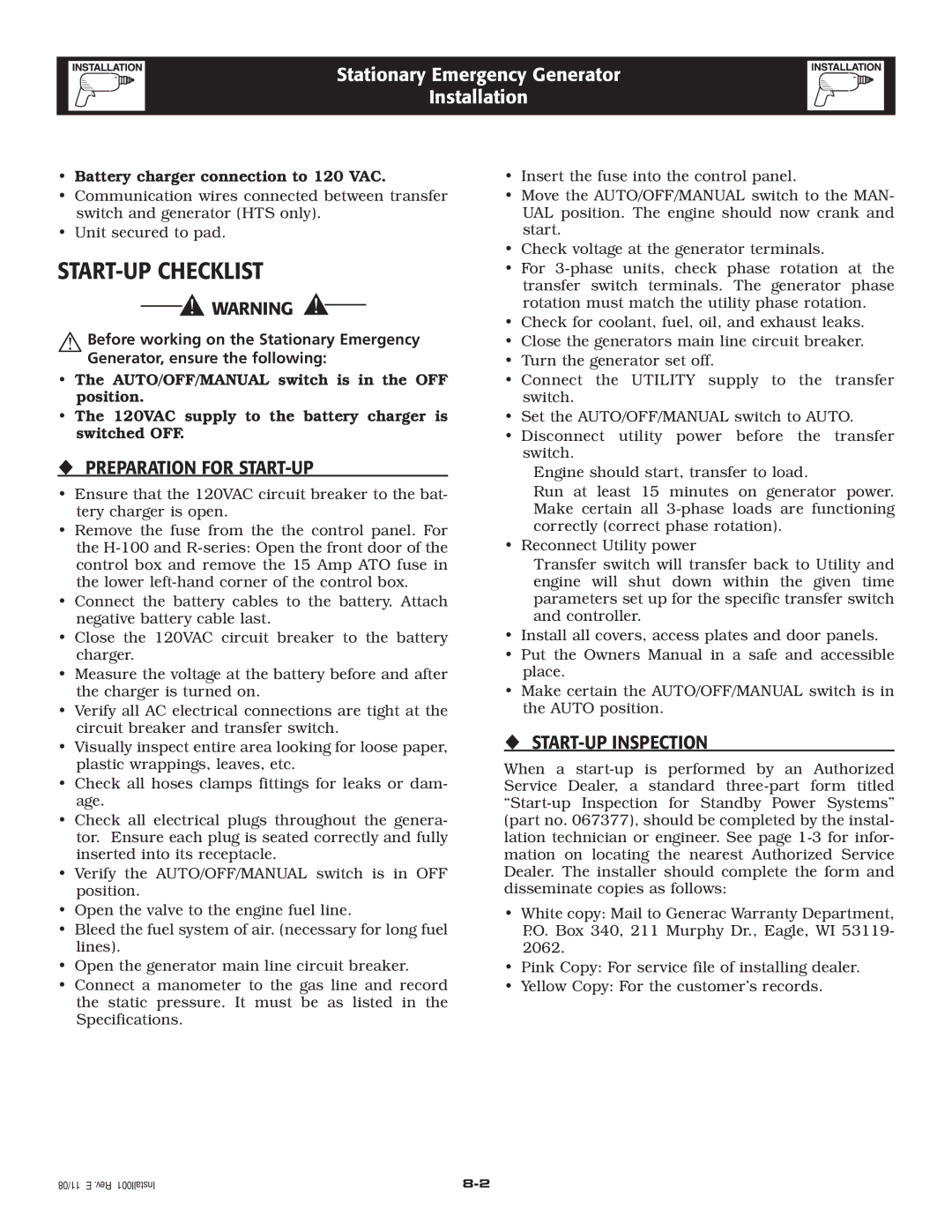 Grandstream Networks 005261-0 owner manual START-UP Checklist, ‹ Preparation for START-UP, ‹ START-UP Inspection 