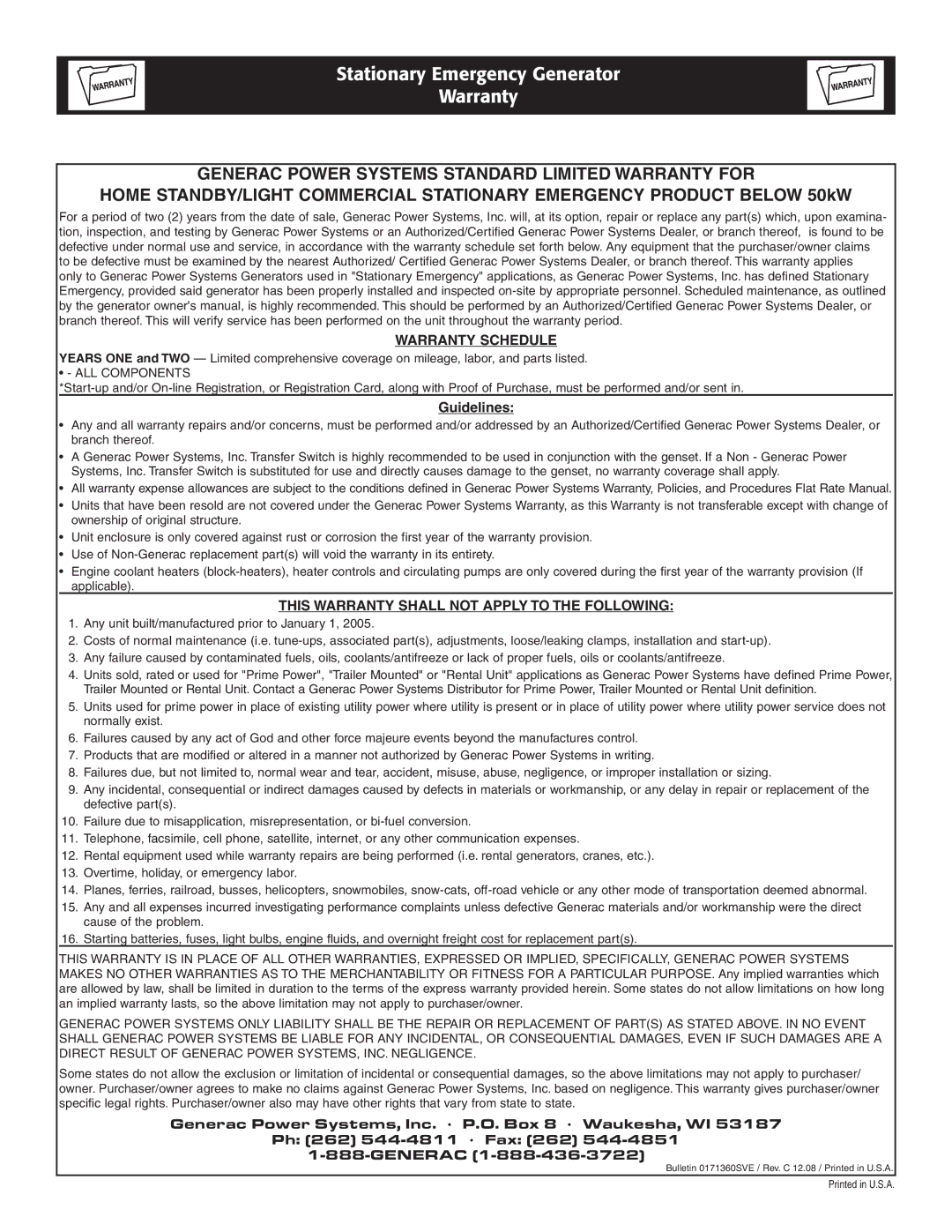 Grandstream Networks 005261-0 owner manual Stationary Emergency Generator Warranty 