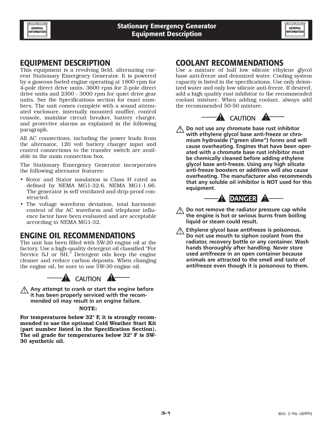 Grandstream Networks 005261-0 owner manual Equipment Description, Engine OIL Recommendations, Coolant Recommendations 