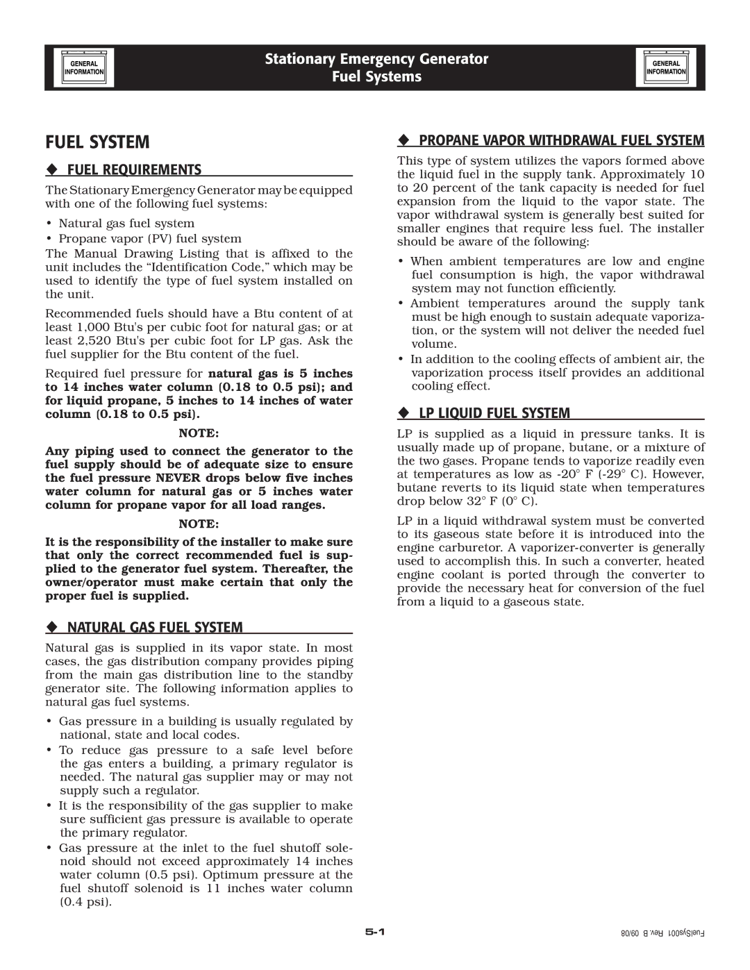 Grandstream Networks 005261-0 owner manual ‹ Fuel Requirements, ‹ LP Liquid Fuel System, ‹ Natural GAS Fuel System 