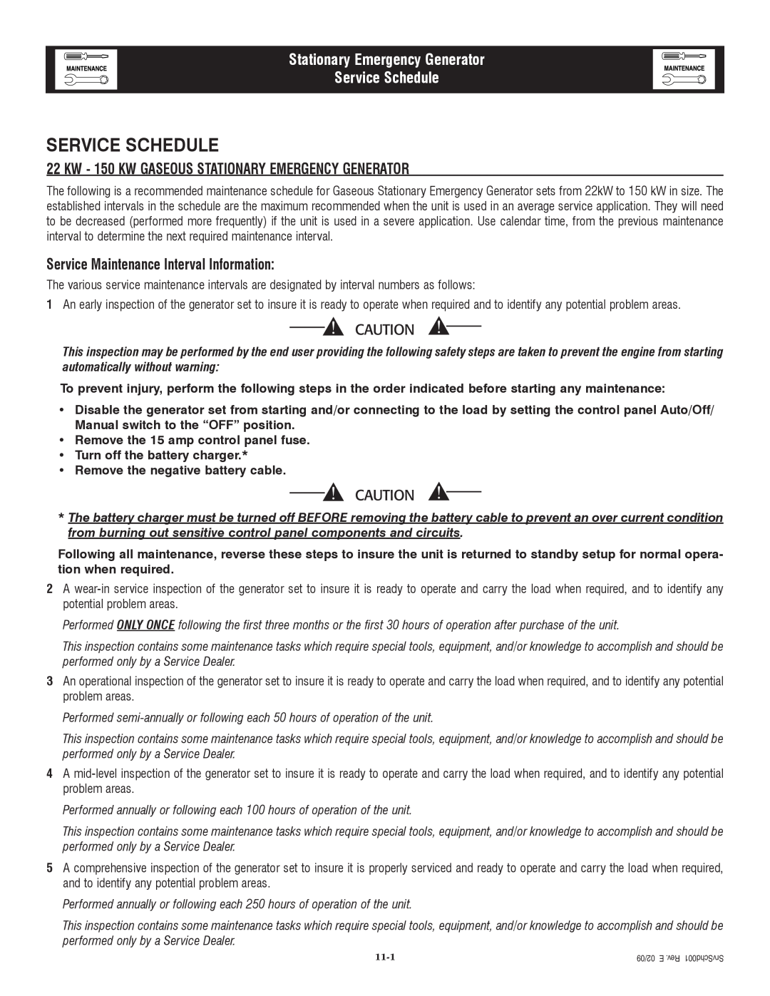 Grandstream Networks 005261-0 Stationary Emergency Generator Service Schedule, Service Maintenance Interval Information 