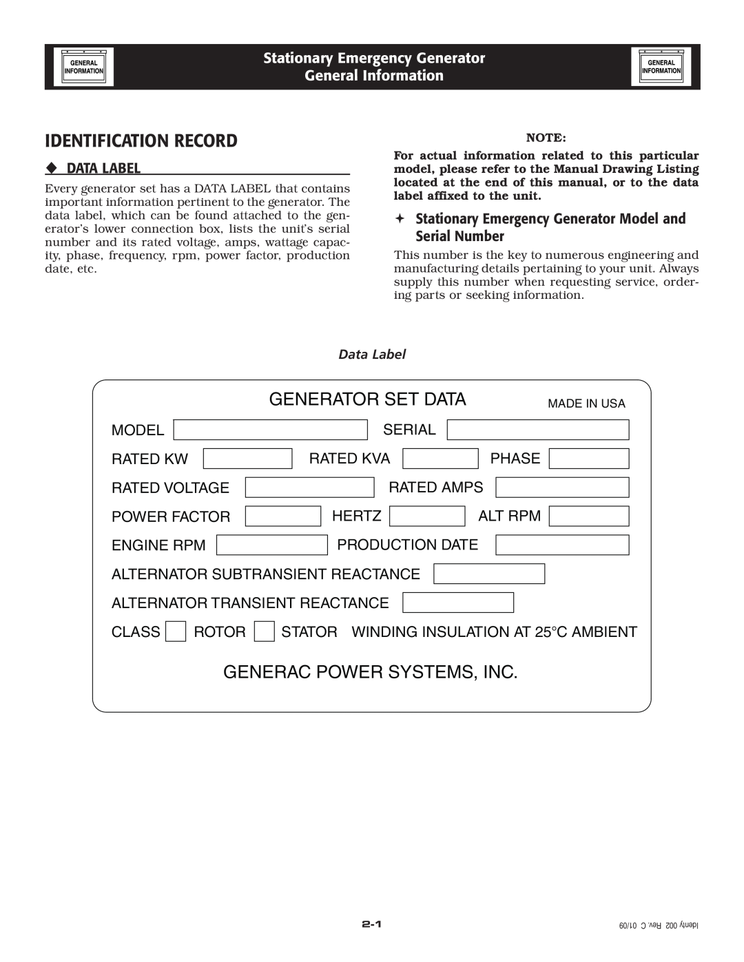 Grandstream Networks 005261-0 owner manual Identification Record, General Information, ‹Data Label, Generator Set Data 