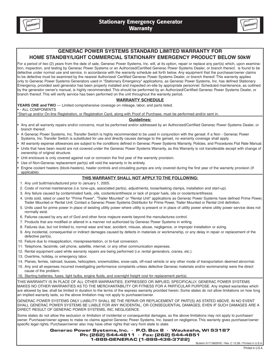 Grandstream Networks 005261-0 owner manual Stationary Emergency Generator Warranty, Warranty Schedule, Guidelines 