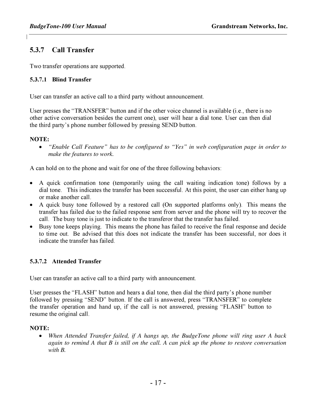 Grandstream Networks 100 Series user manual Call Transfer, Blind Transfer, Attended Transfer 