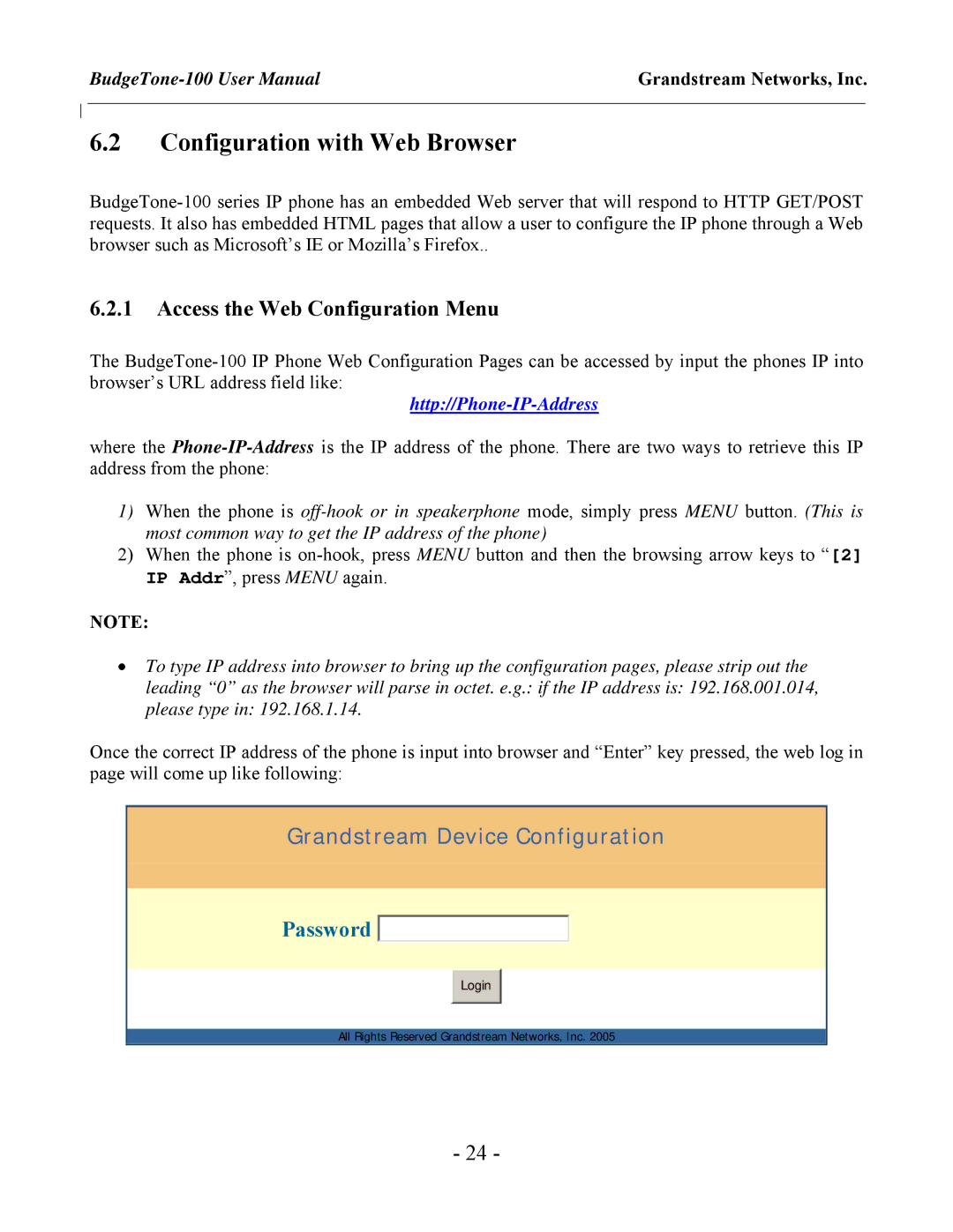 Grandstream Networks 100 Series user manual Configuration with Web Browser, Access the Web Configuration Menu 