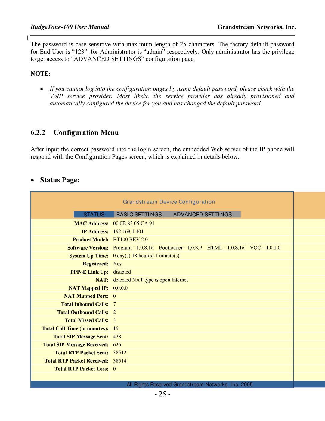 Grandstream Networks 100 Series user manual Configuration Menu, Status 