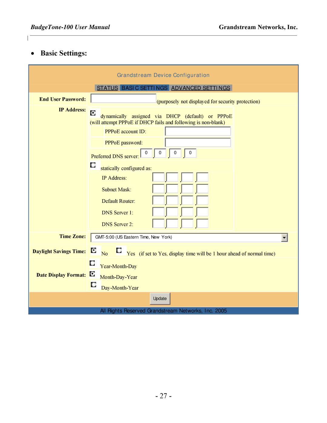 Grandstream Networks 100 Series user manual Basic Settings, End User Password IP Address 