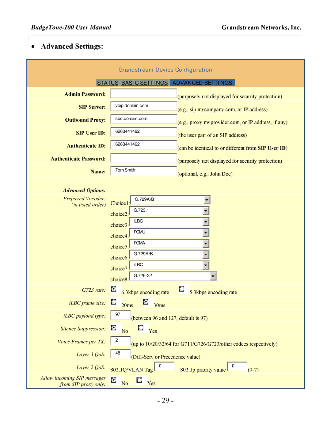 Grandstream Networks 100 Series user manual Advanced Settings, Advanced Options 