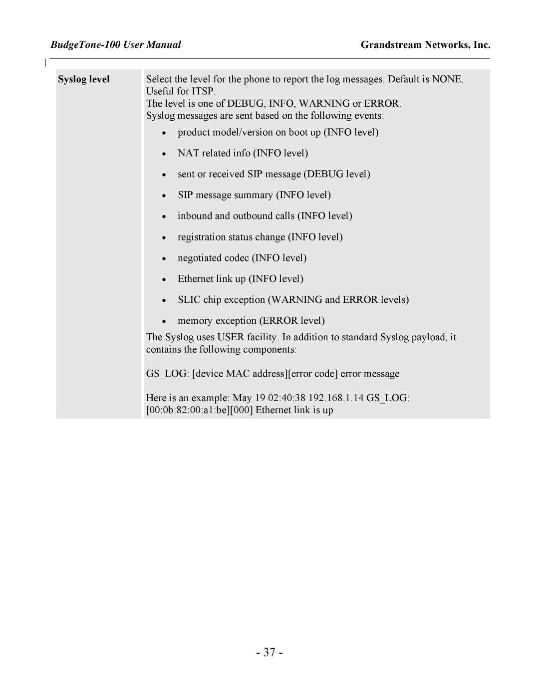 Grandstream Networks 100 Series user manual Syslog level 