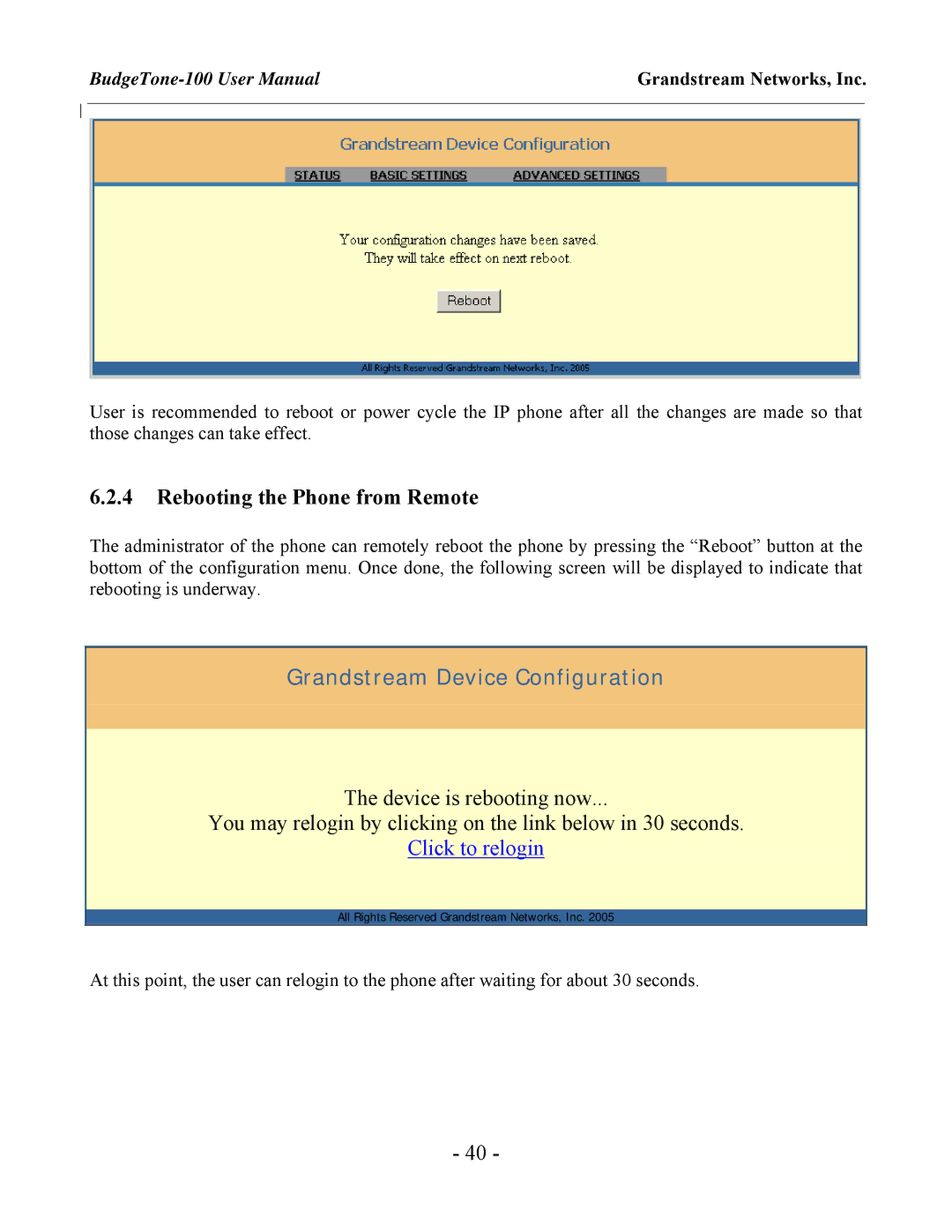 Grandstream Networks 100 Series user manual Rebooting the Phone from Remote, Click to relogin 