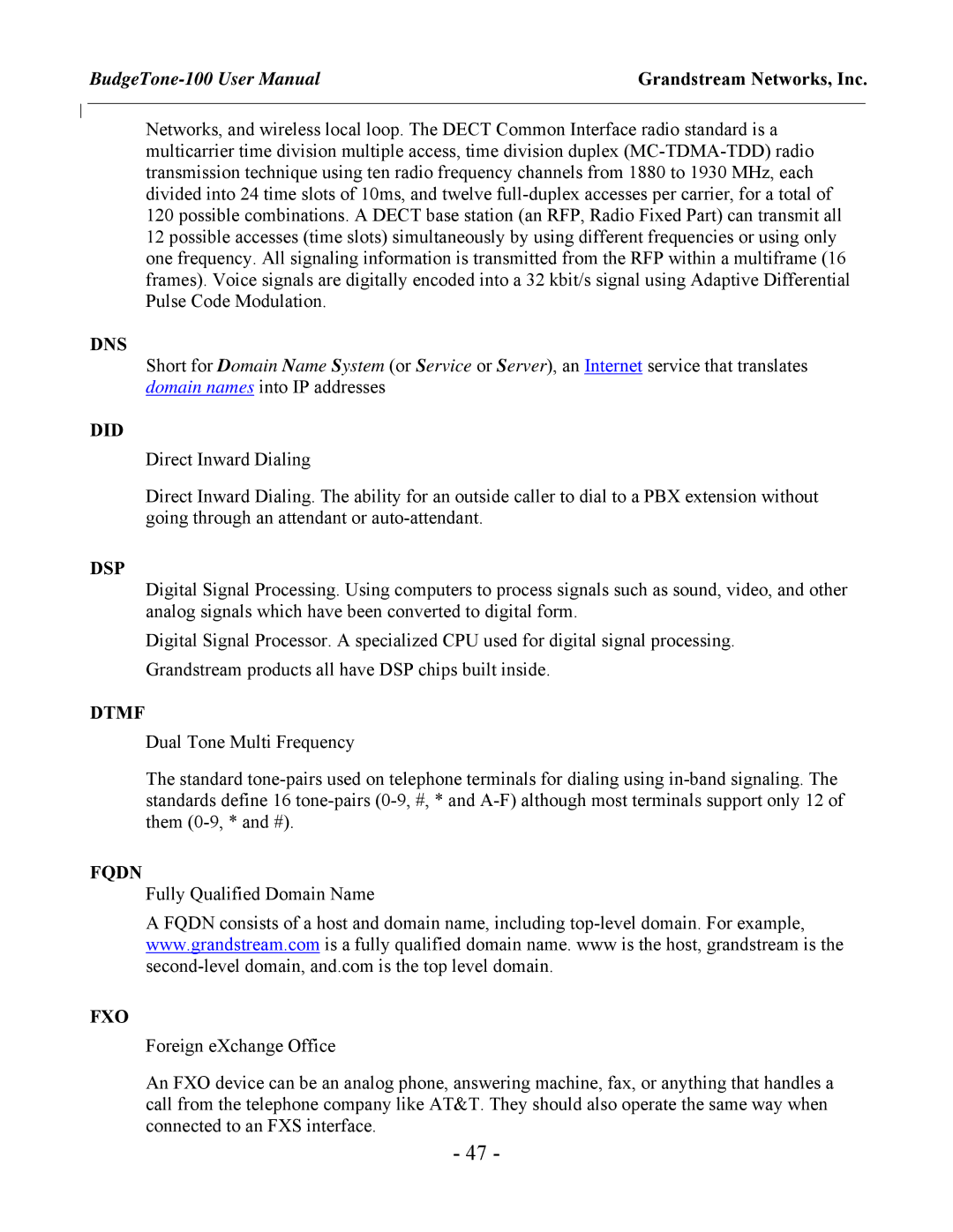 Grandstream Networks 100 Series user manual Dns, Did, Dsp, Dtmf, Fqdn, Fxo 