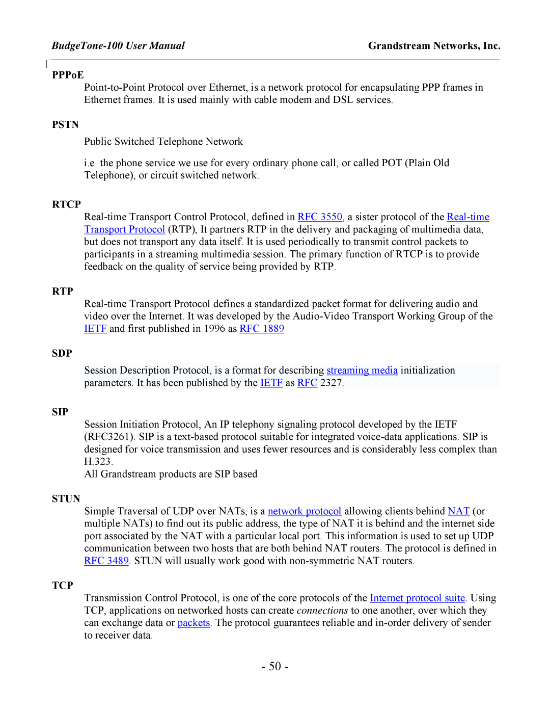 Grandstream Networks 100 Series user manual Pstn, Rtcp, Rtp, Sdp, Sip, Stun, Tcp 