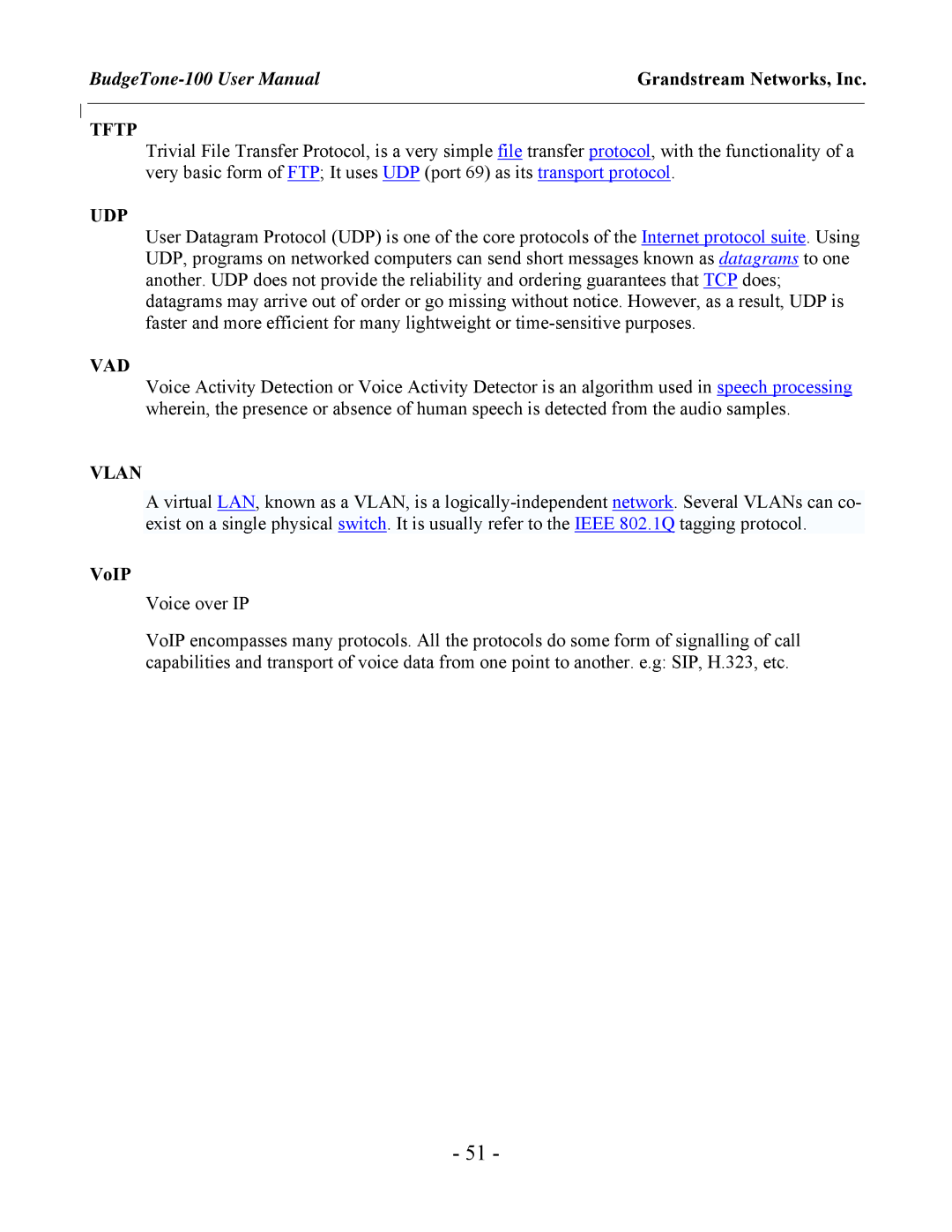 Grandstream Networks 100 Series user manual Udp, Vad, Vlan, VoIP 