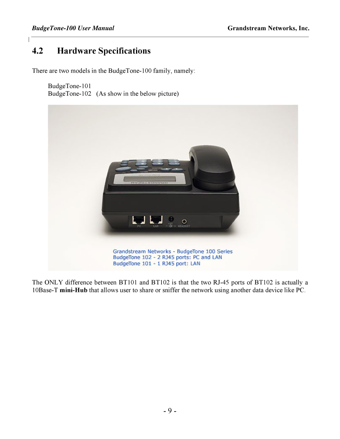 Grandstream Networks 100 Series user manual Hardware Specifications 