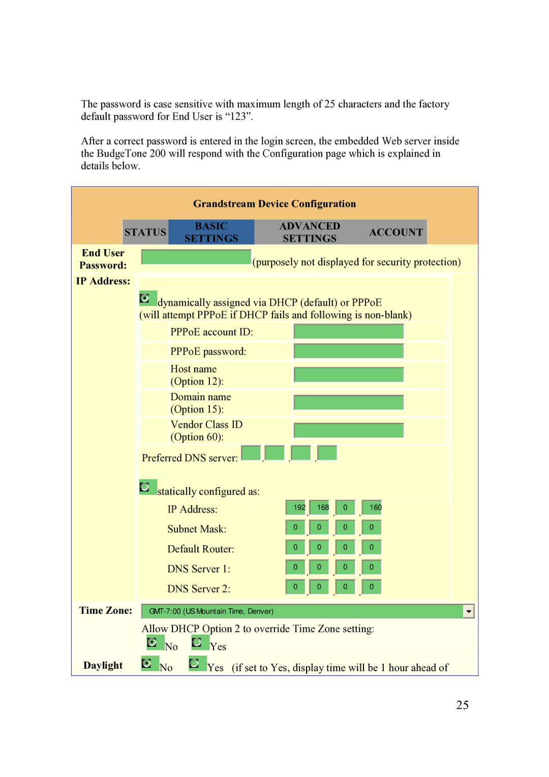 Grandstream Networks 200 Series Grandstream Device Configuration, Status Basic Advanced Account Settings, Daylight 