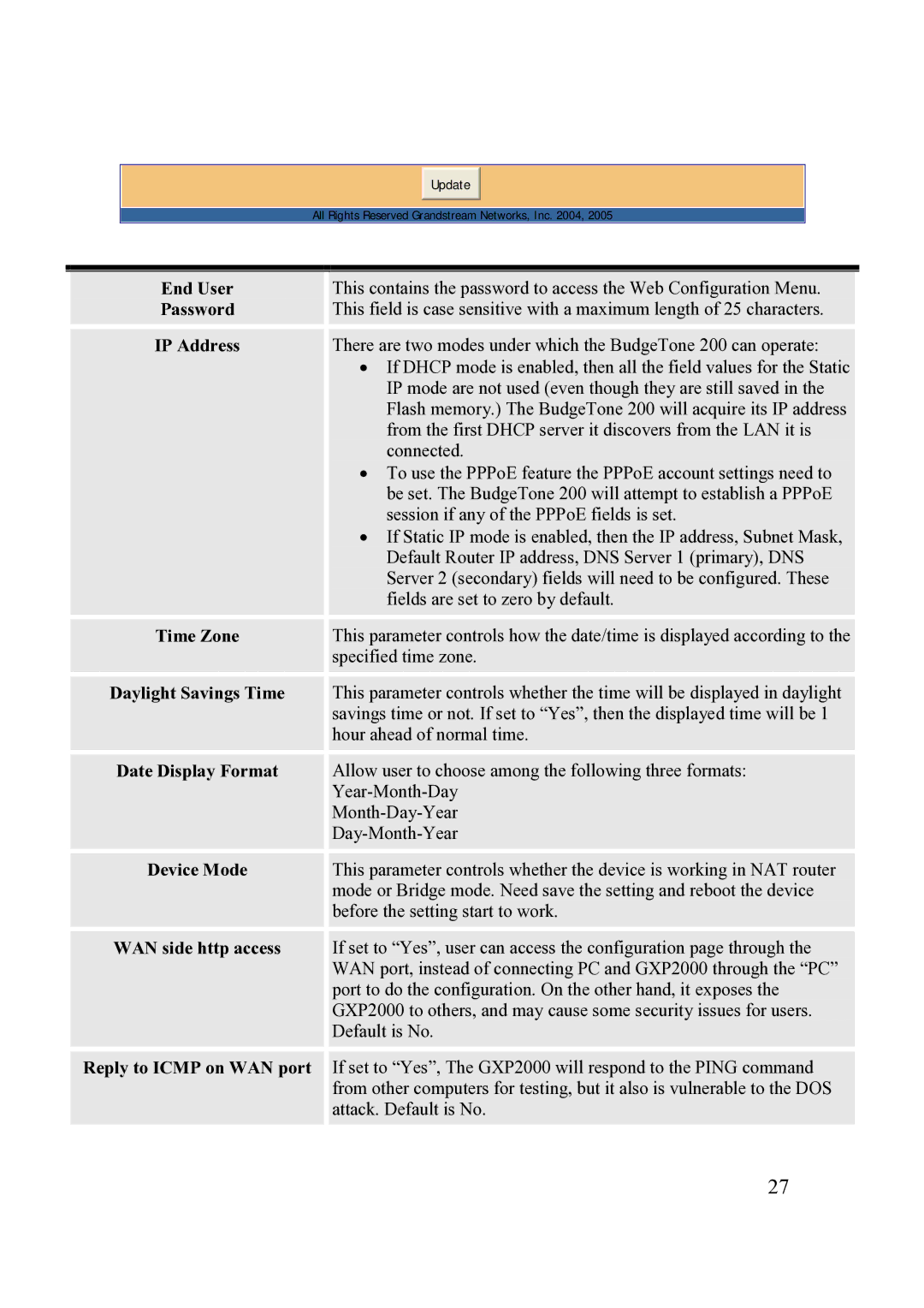 Grandstream Networks 200 Series user manual End User, Password, Daylight Savings Time, Date Display Format, Device Mode 