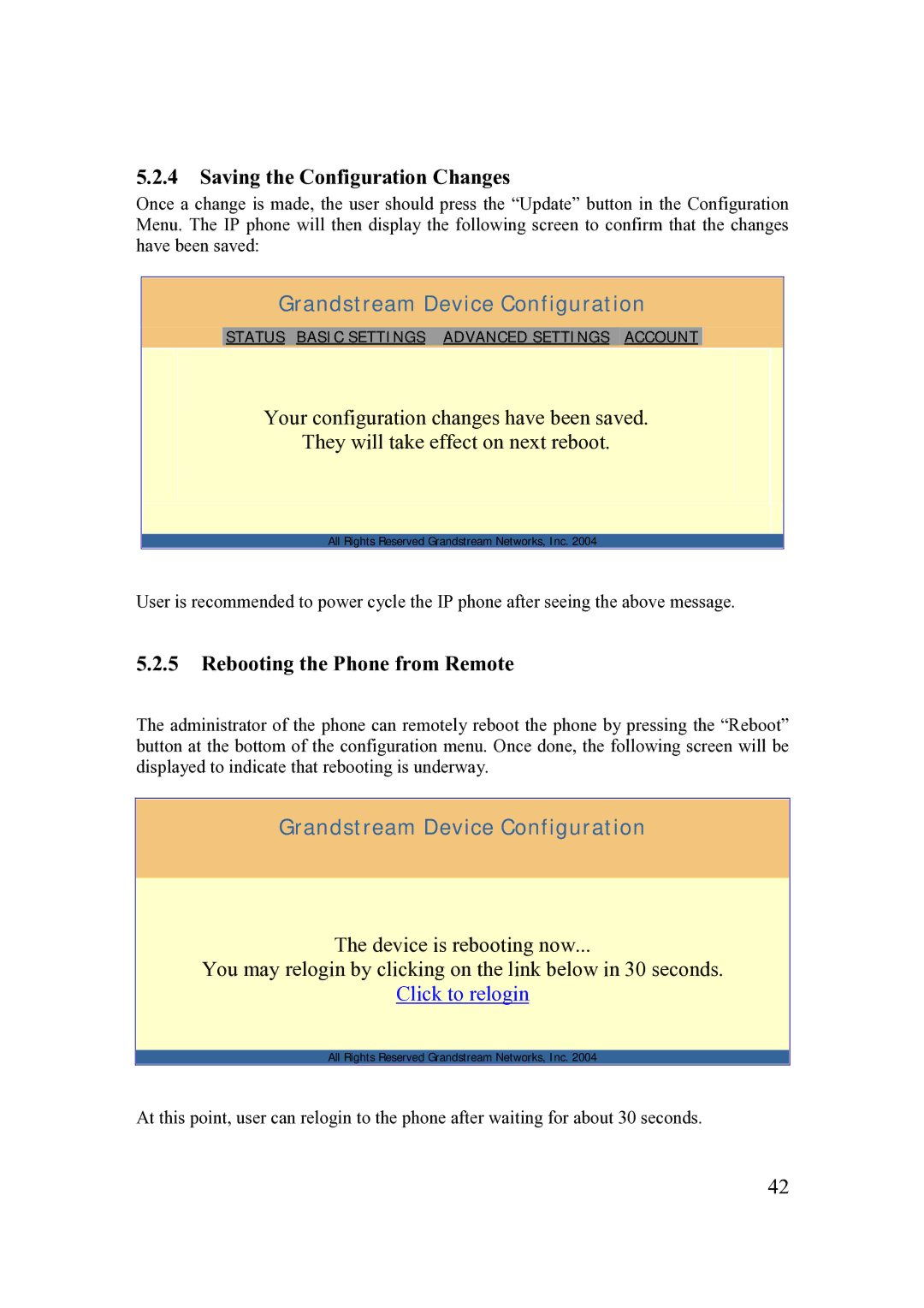 Grandstream Networks 200 Series user manual Saving the Configuration Changes, Rebooting the Phone from Remote 