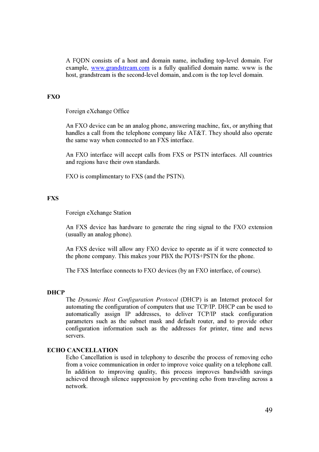 Grandstream Networks 200 Series user manual Fxo, Fxs, Dhcp, Echo Cancellation 