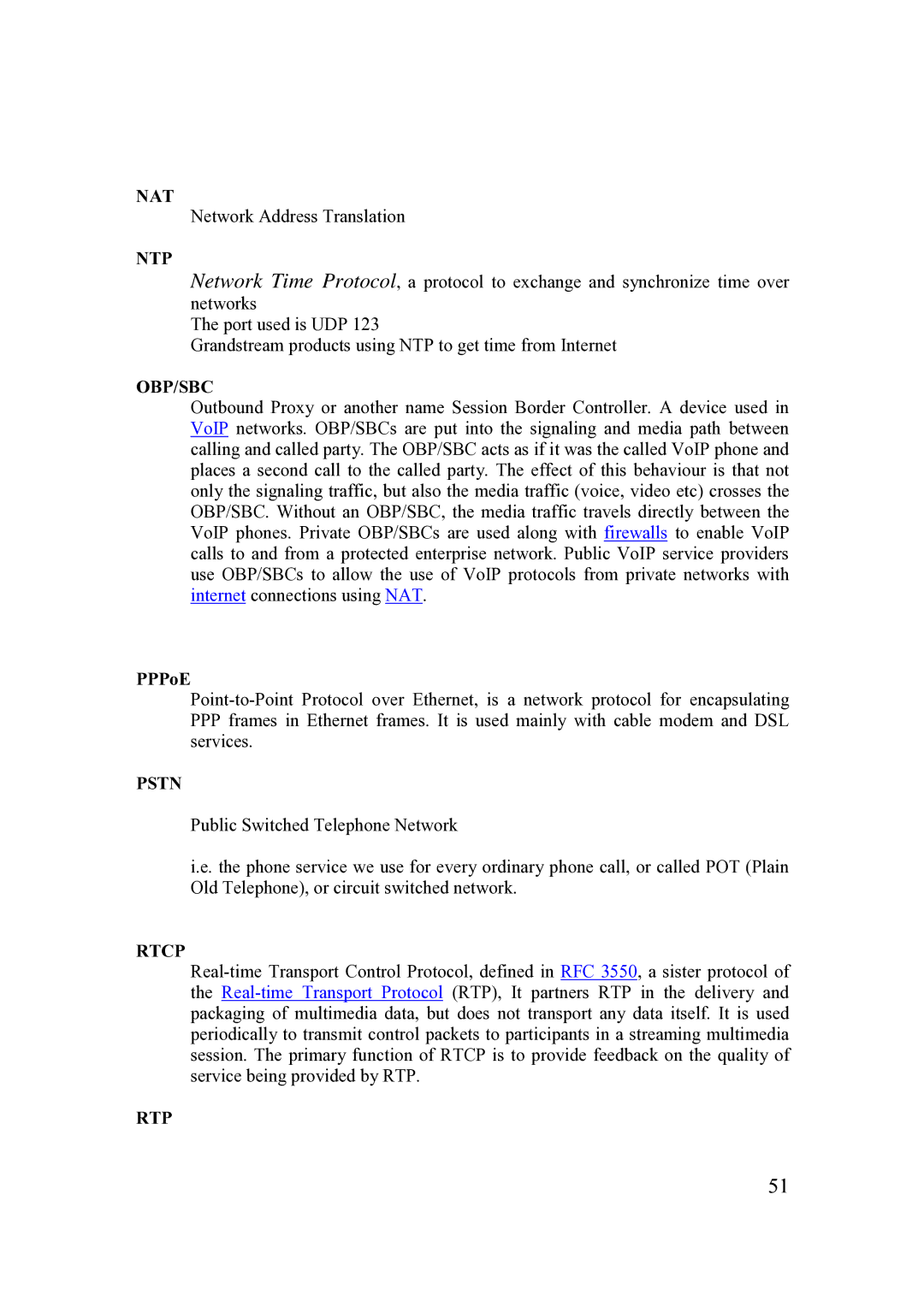 Grandstream Networks 200 Series user manual Nat, Ntp, Obp/Sbc, Pstn, Rtcp, Rtp 