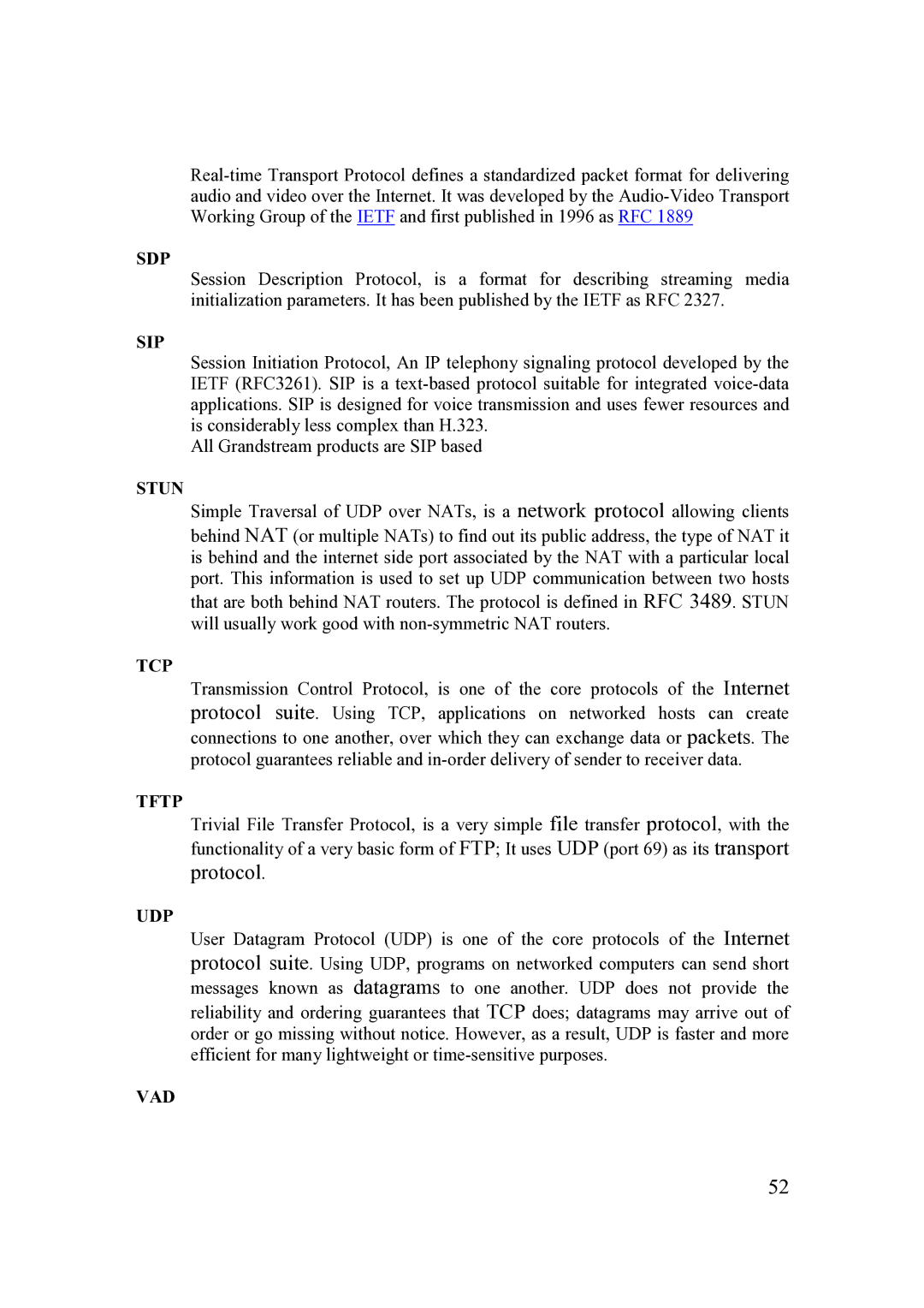 Grandstream Networks 200 Series user manual Sdp, Sip, Stun, Tcp, Tftp, Udp, Vad 