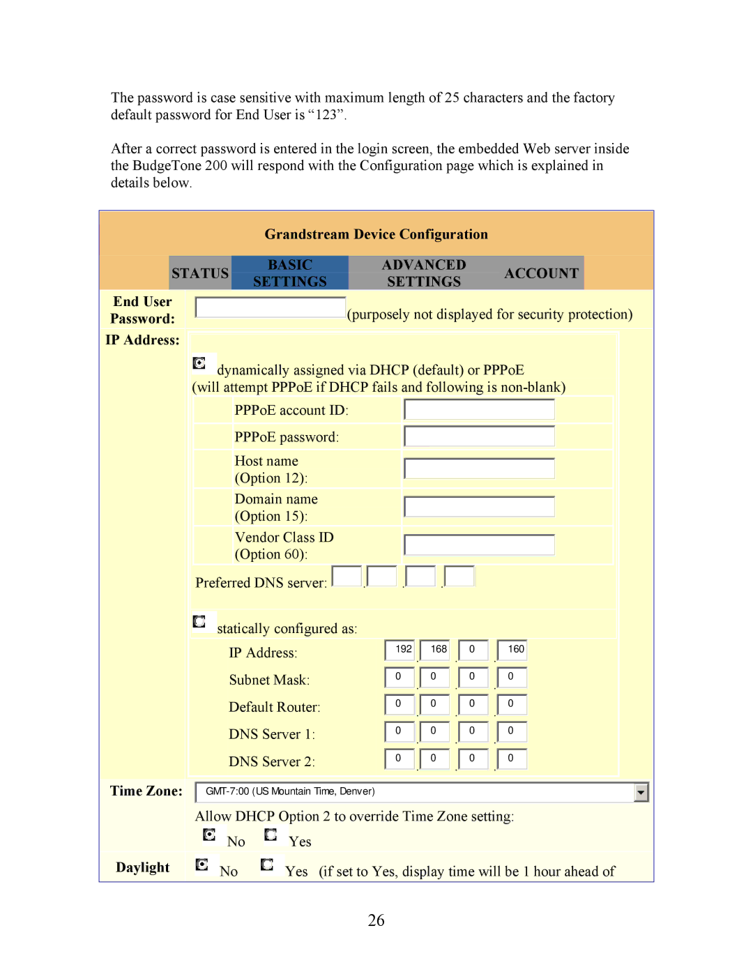 Grandstream Networks 200 Grandstream Device Configuration, Status Basic Advanced Account Settings, Time Zone Daylight 