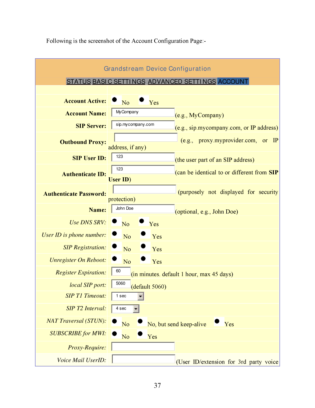 Grandstream Networks 200 user manual Account Active, Account Name MyCompany, Outbound Proxy, SIP User ID 