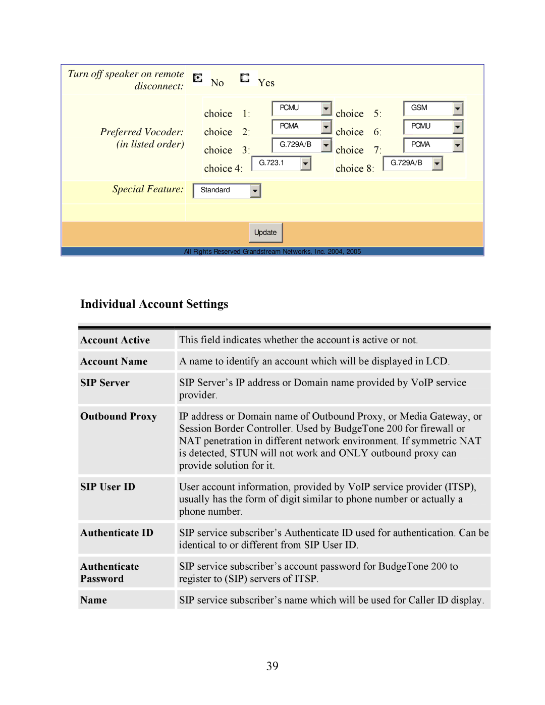 Grandstream Networks 200 user manual Individual Account Settings 