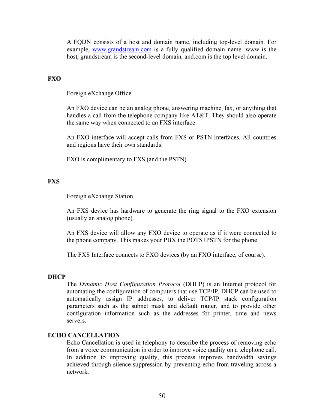 Grandstream Networks 200 user manual Fxo, Fxs, Dhcp, Echo Cancellation 