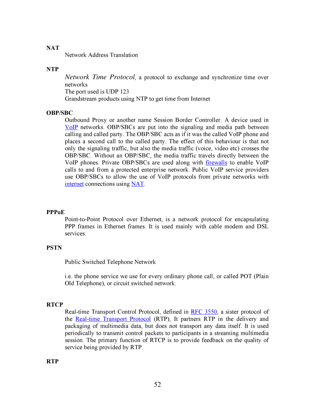 Grandstream Networks 200 user manual Nat, Ntp, Obp/Sbc, Pstn, Rtcp, Rtp 