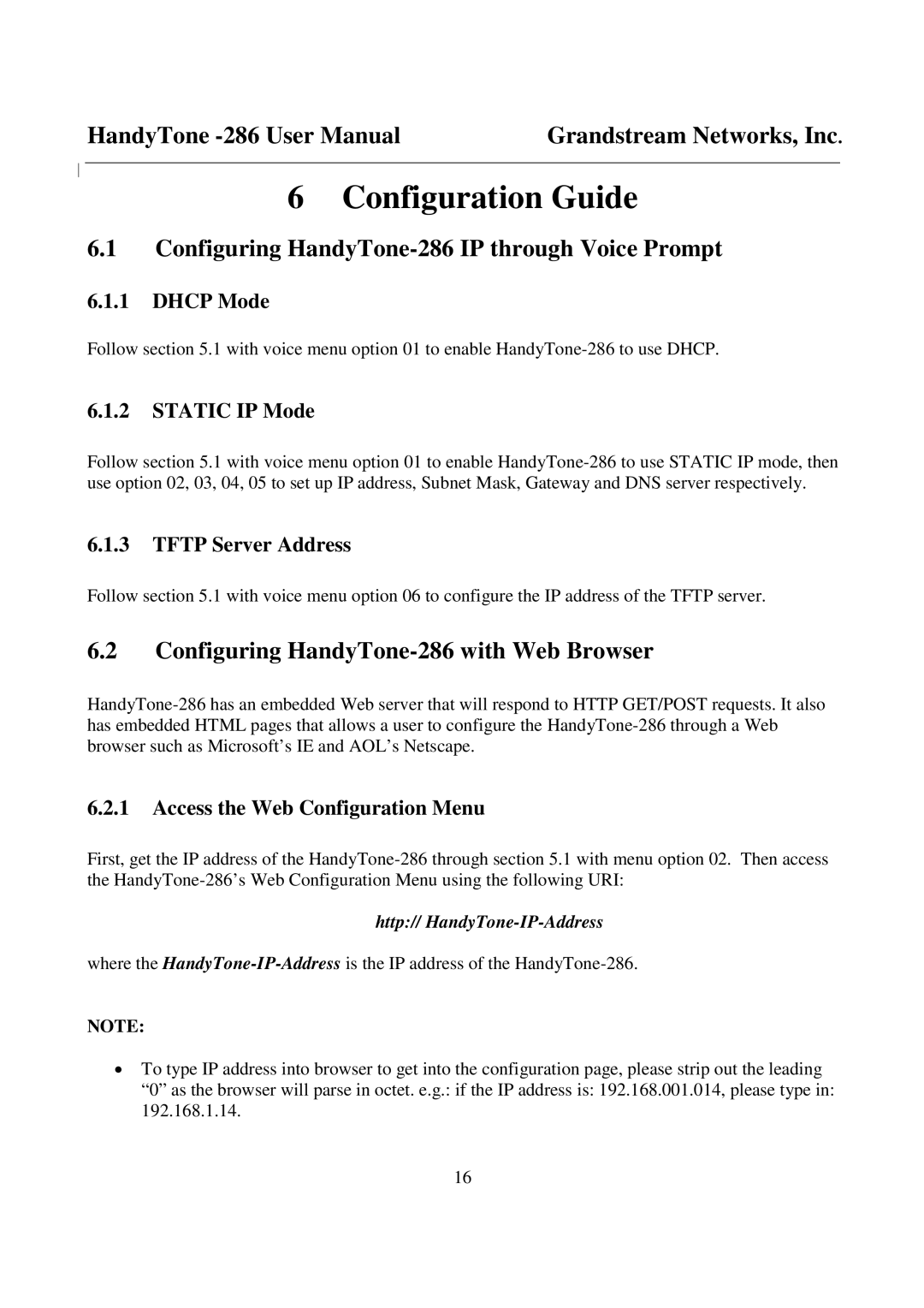 Grandstream Networks user manual Configuration Guide, Configuring HandyTone-286 IP through Voice Prompt 