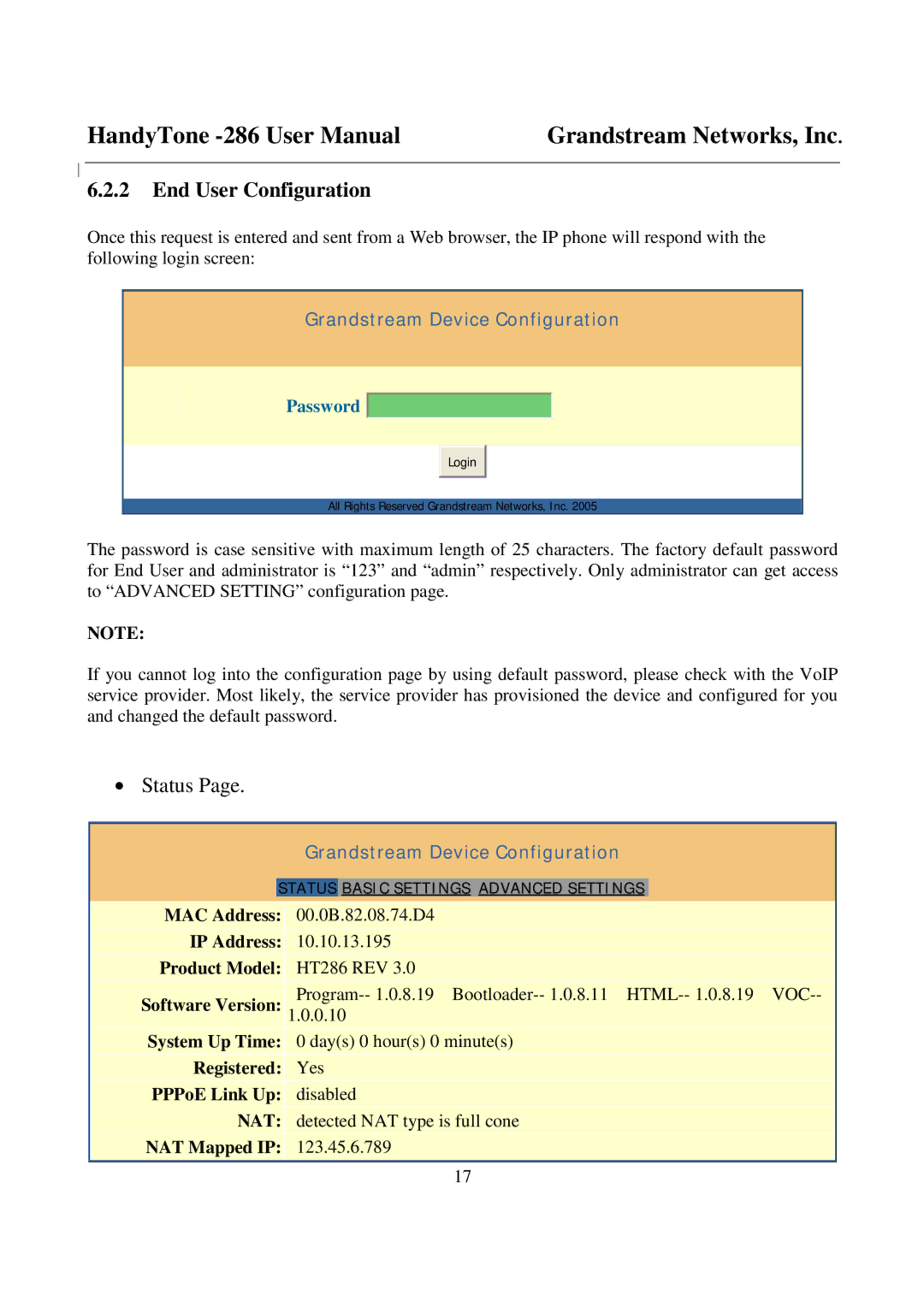 Grandstream Networks End User Configuration, IP Address Product Model HT286 REV, Software Version, NAT Mapped IP 