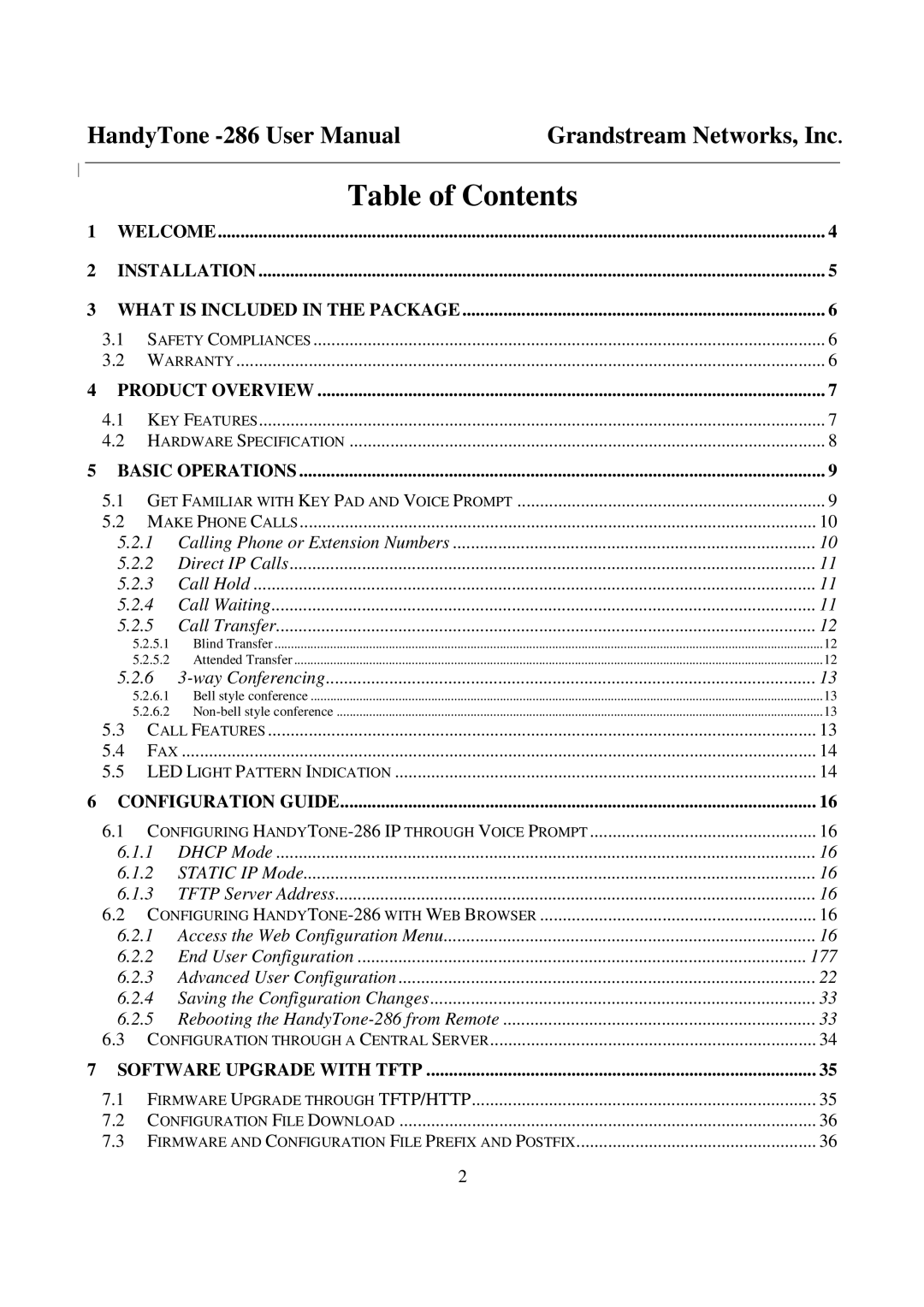 Grandstream Networks 286 user manual Table of Contents 