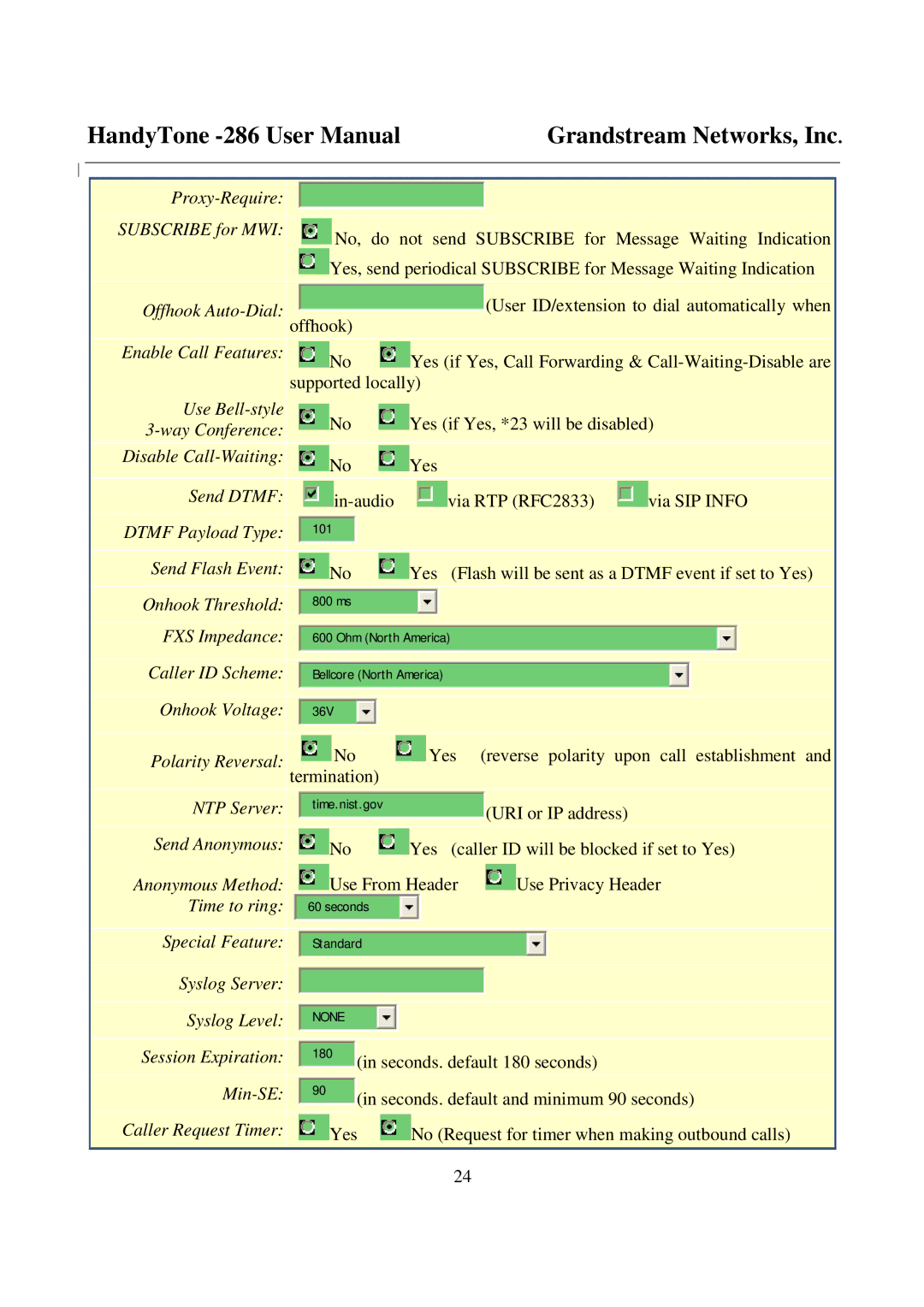 Grandstream Networks 286 user manual Use Bell-style Yes if Yes, *23 will be disabled 