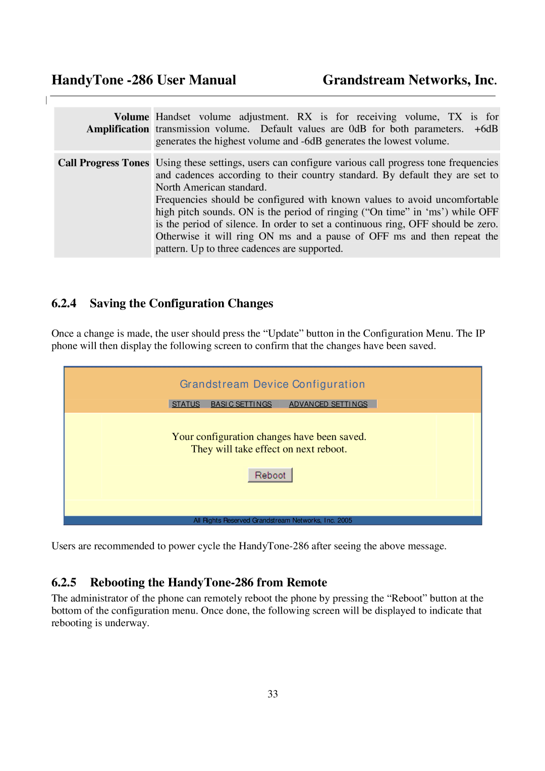 Grandstream Networks Saving the Configuration Changes, Rebooting the HandyTone-286 from Remote, Volume, Amplification 