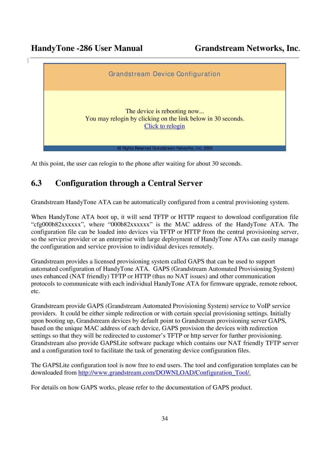 Grandstream Networks 286 user manual Configuration through a Central Server, Click to relogin 