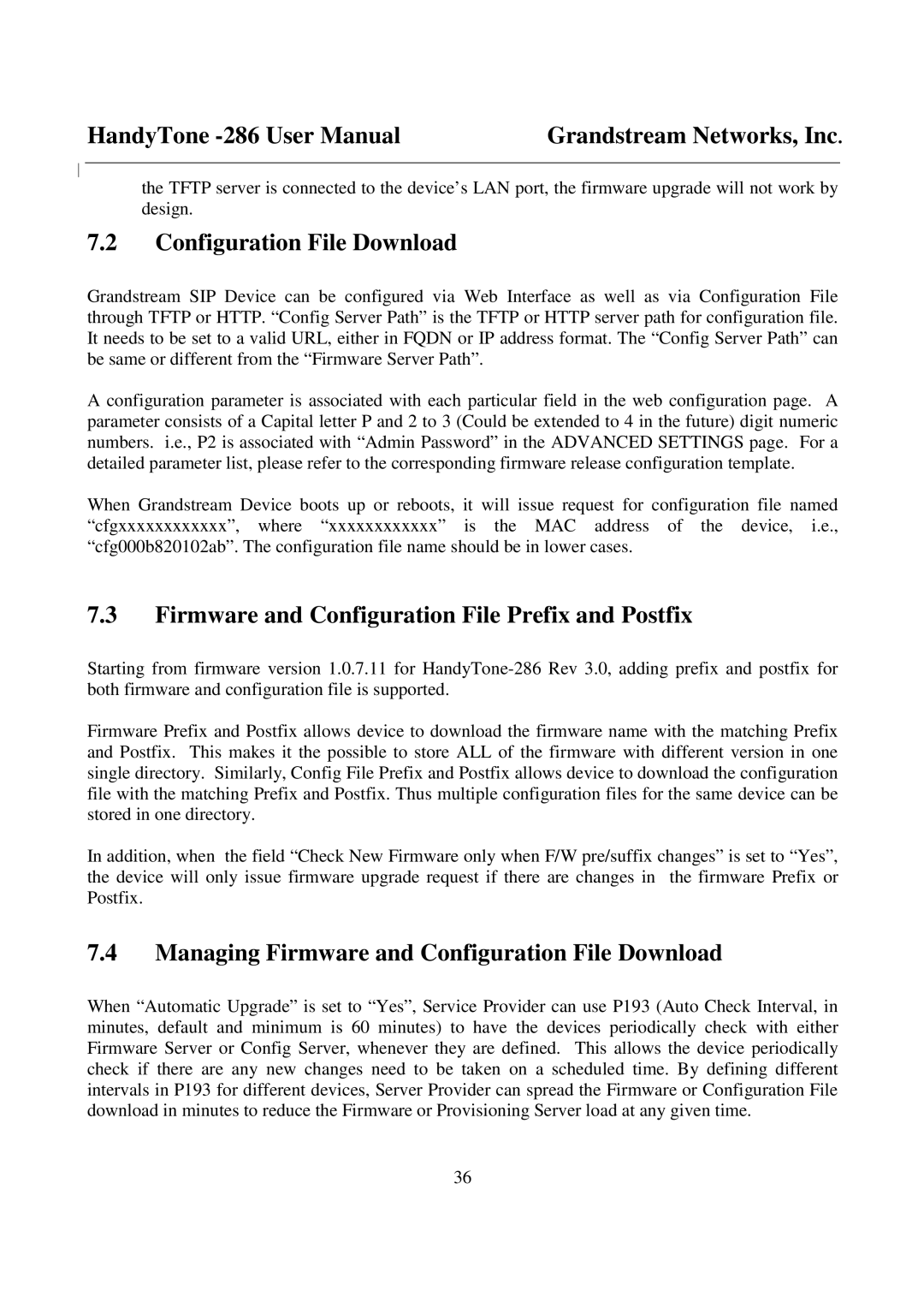 Grandstream Networks 286 user manual Configuration File Download, Firmware and Configuration File Prefix and Postfix 