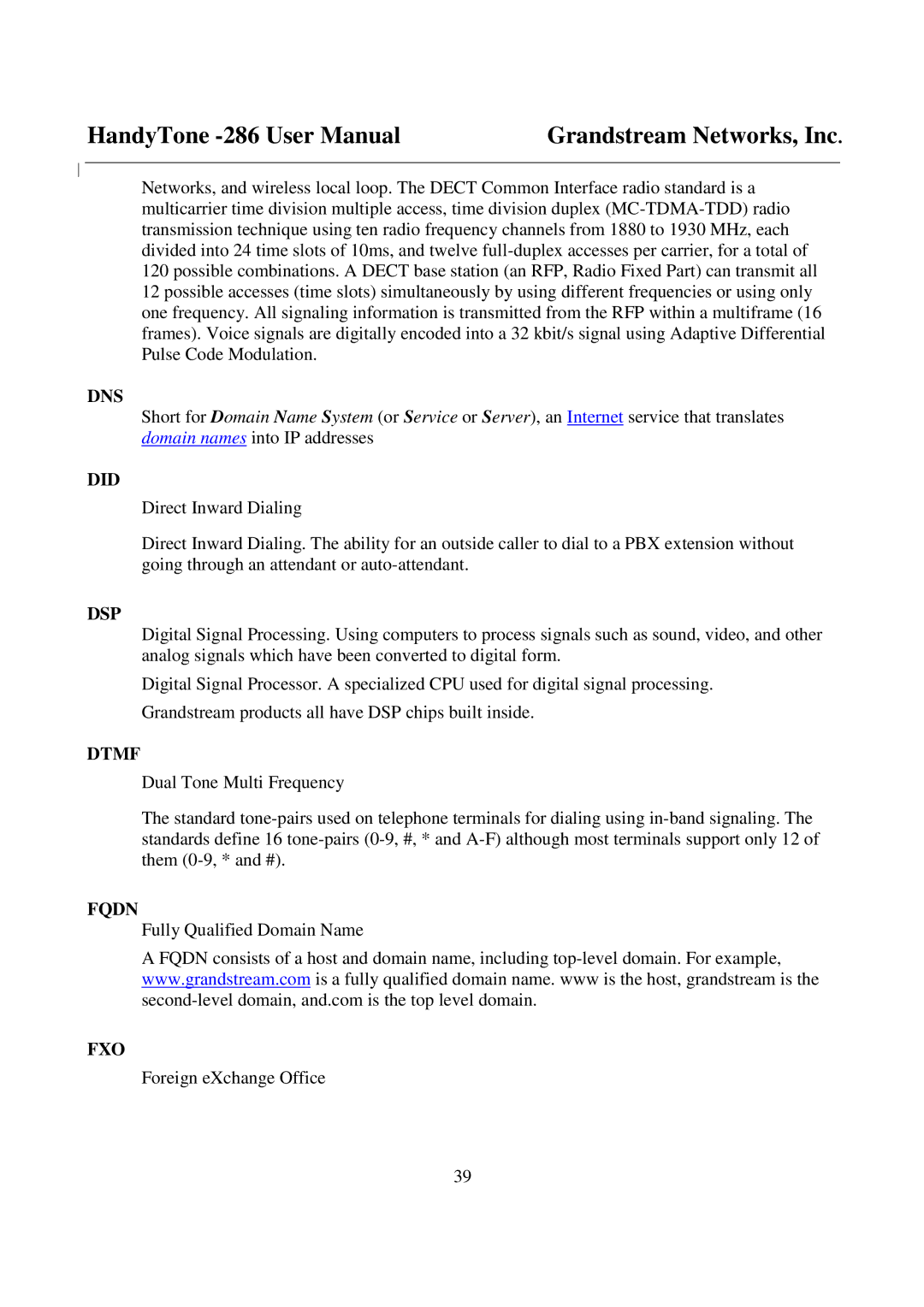 Grandstream Networks 286 user manual Dns, Did, Dsp, Dtmf, Fqdn, Fxo 