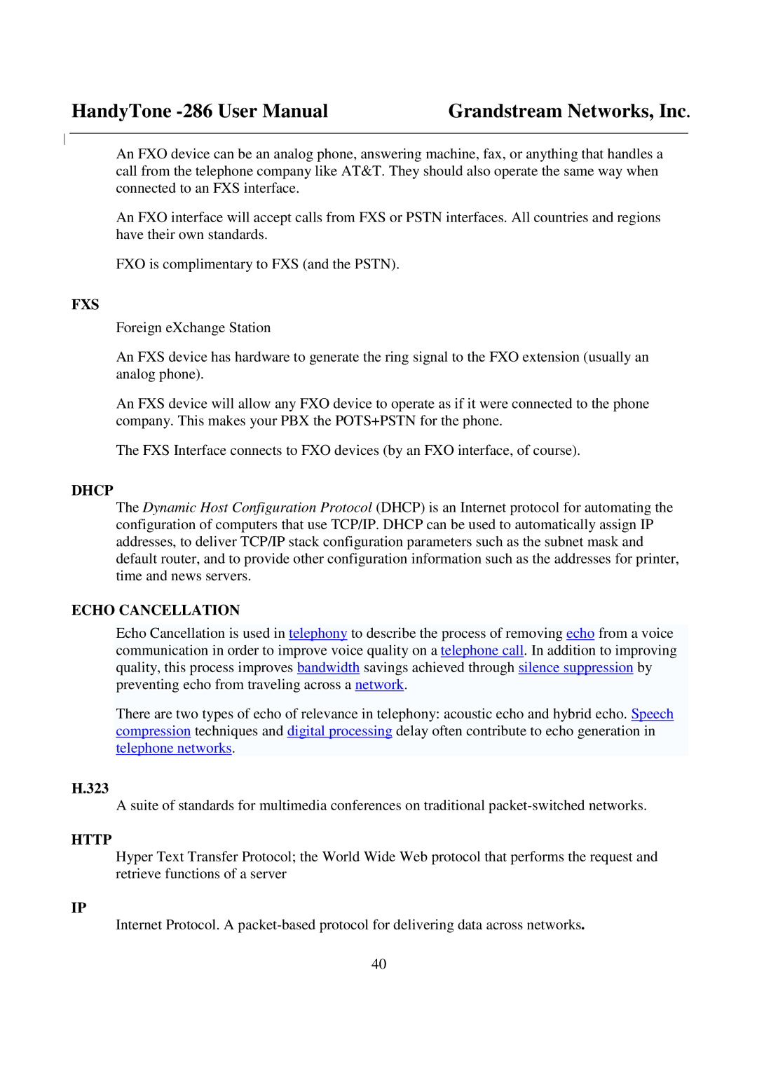 Grandstream Networks 286 user manual Fxs, Dhcp, Echo Cancellation, 323, Http 