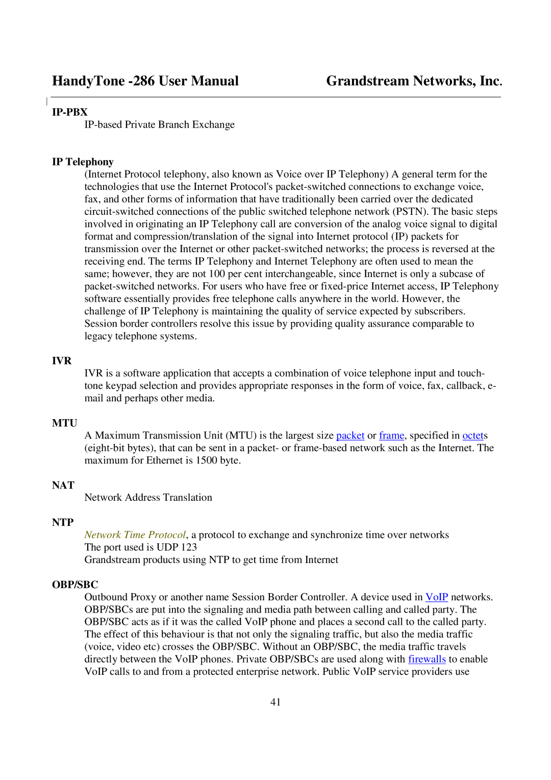 Grandstream Networks 286 user manual Ip-Pbx, Ivr, Mtu, Ntp, Obp/Sbc 