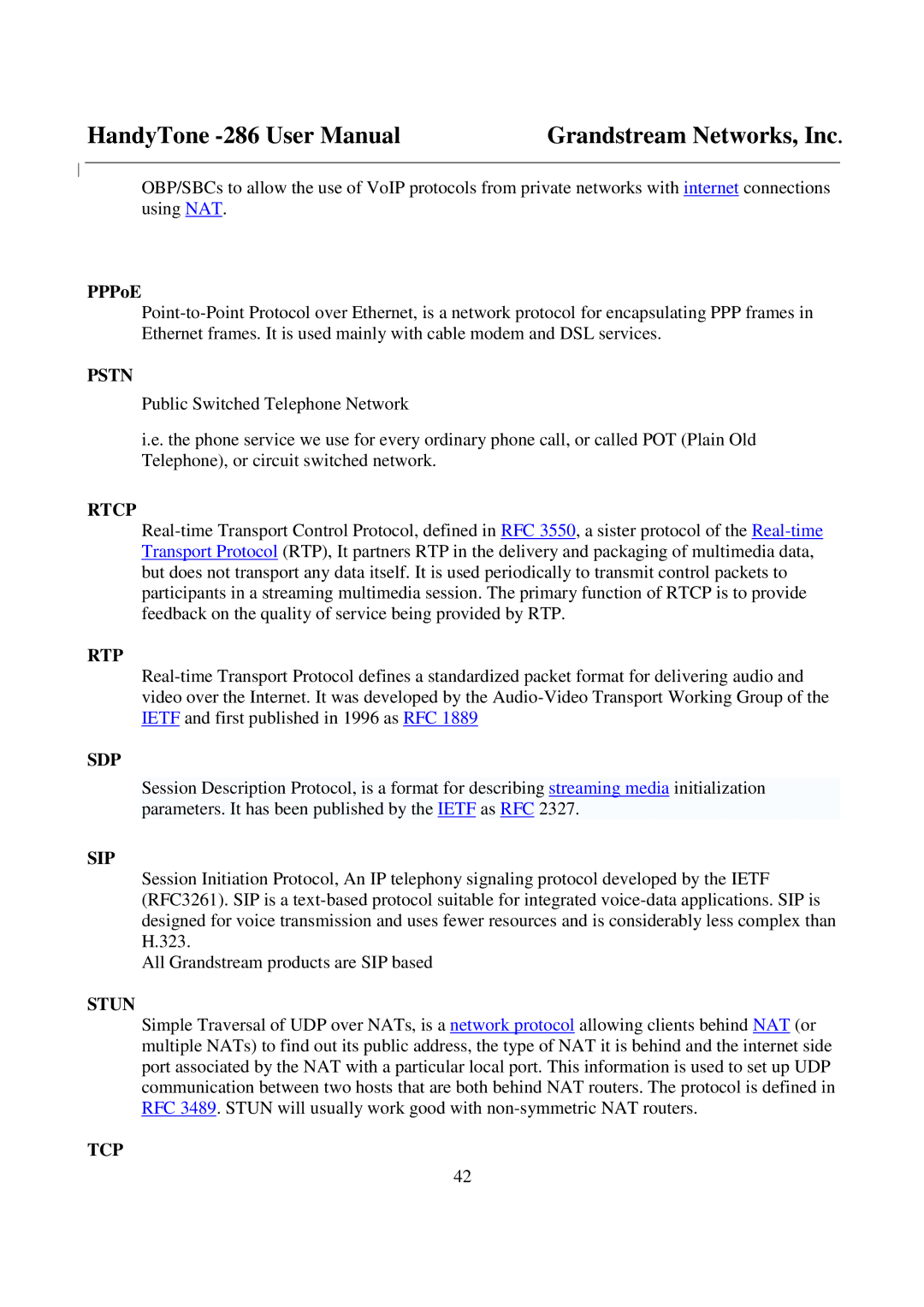 Grandstream Networks 286 user manual Pstn, Rtcp, Rtp, Sdp, Sip, Stun, Tcp 