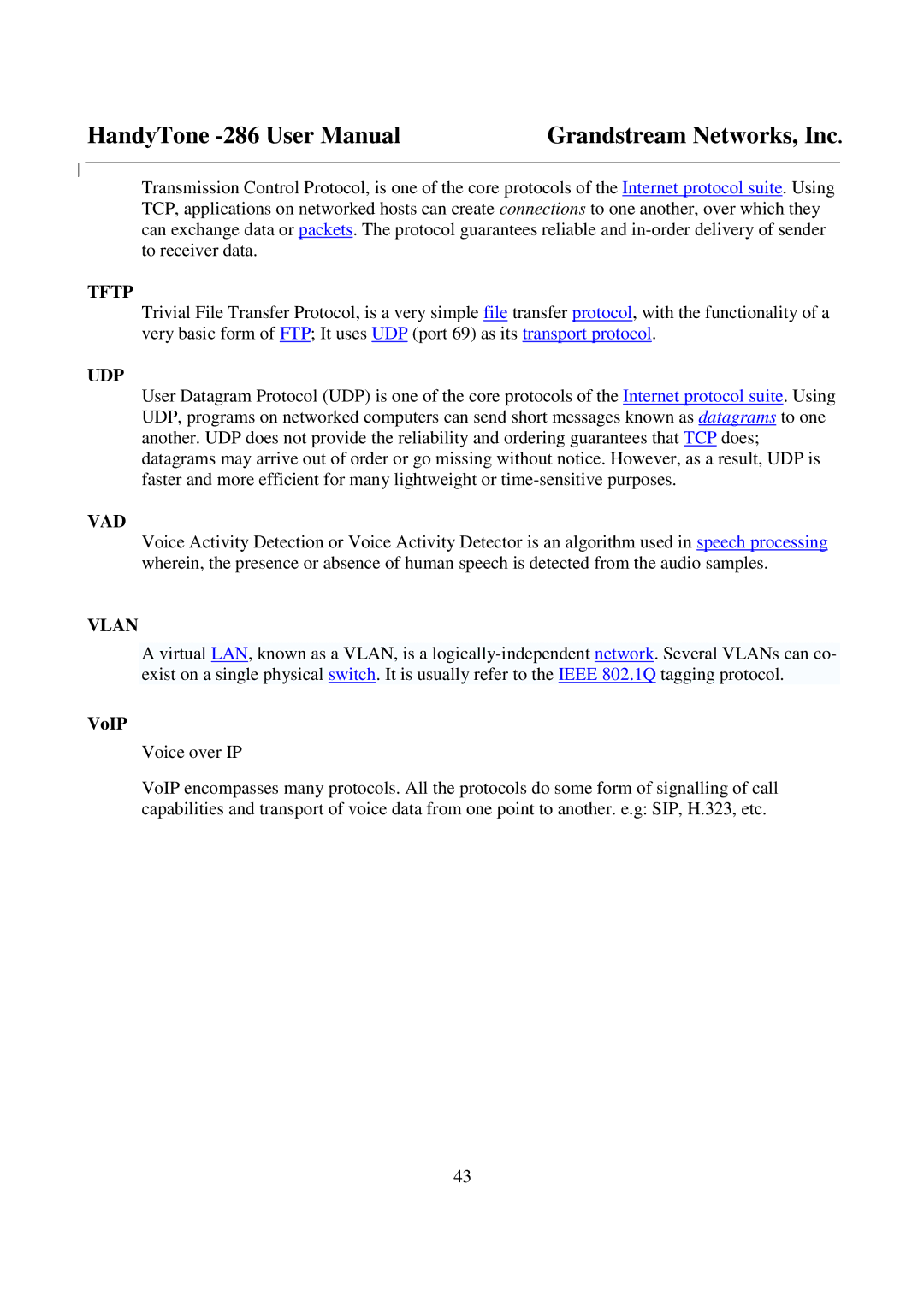 Grandstream Networks 286 user manual Tftp, Udp, Vad, Vlan, VoIP 