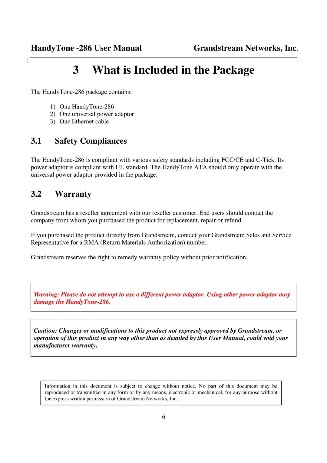 Grandstream Networks 286 user manual What is Included in the Package, Safety Compliances, Warranty 